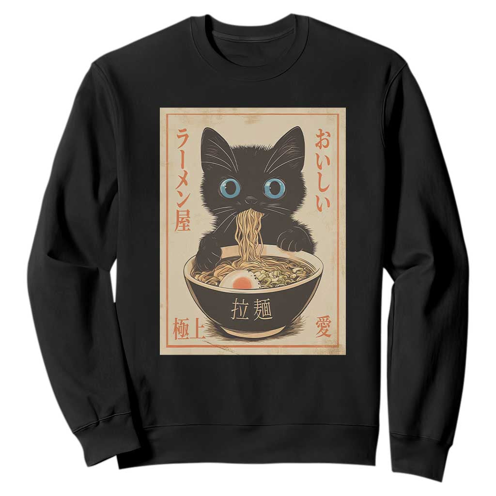 Vintage Kawaii Cat Ramen Graphic Sweatshirt Retro Japanese Anime Inspo TS02 Black Print Your Wear
