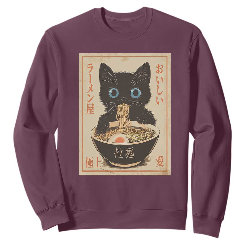 Vintage Kawaii Cat Ramen Graphic Sweatshirt Retro Japanese Anime Inspo TS02 Maroon Print Your Wear