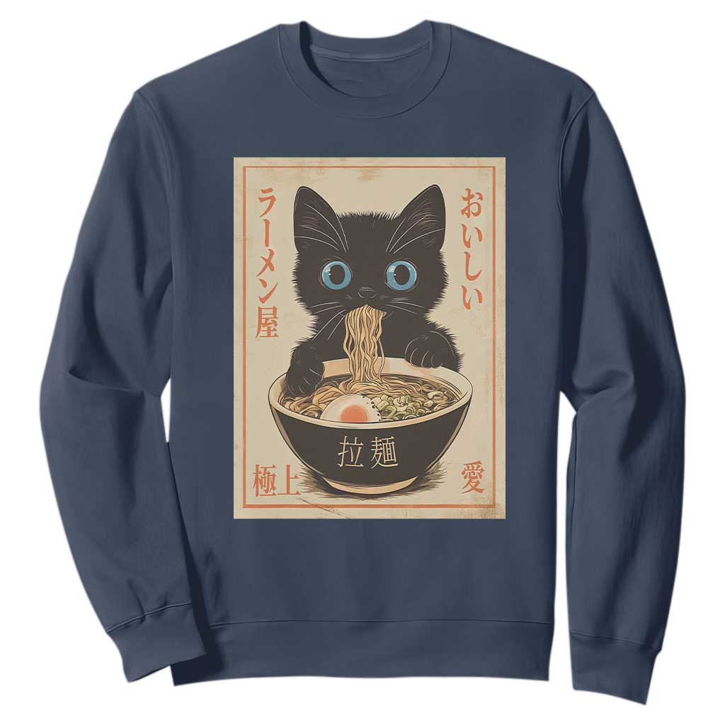 Vintage Kawaii Cat Ramen Graphic Sweatshirt Retro Japanese Anime Inspo TS02 Navy Print Your Wear