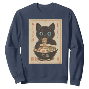Vintage Kawaii Cat Ramen Graphic Sweatshirt Retro Japanese Anime Inspo TS02 Navy Print Your Wear