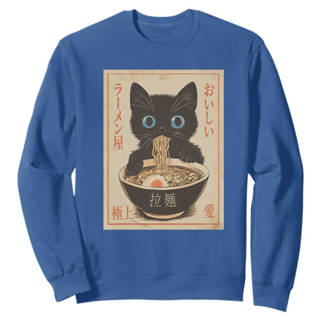 Vintage Kawaii Cat Ramen Graphic Sweatshirt Retro Japanese Anime Inspo TS02 Royal Blue Print Your Wear