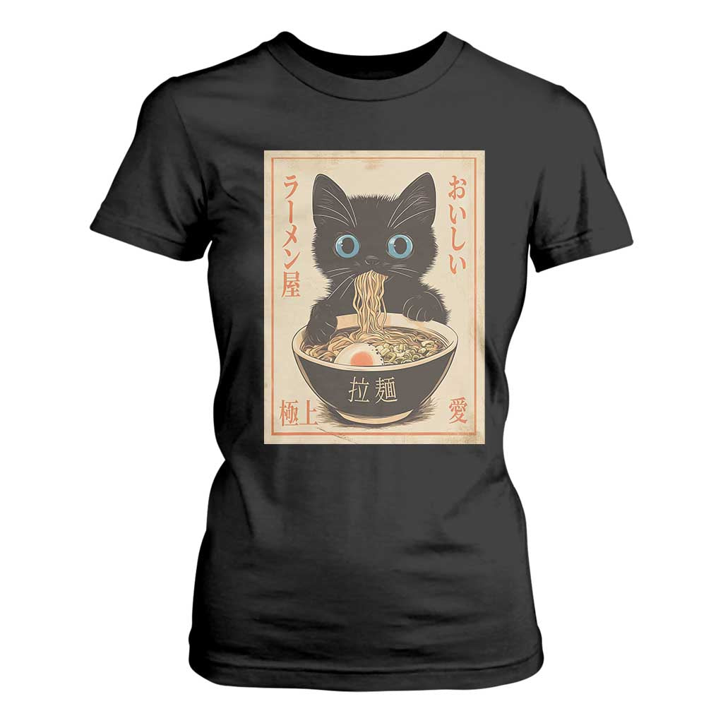 Vintage Kawaii Cat Ramen Graphic T Shirt For Women Retro Japanese Anime Inspo TS02 Black Print Your Wear