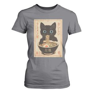 Vintage Kawaii Cat Ramen Graphic T Shirt For Women Retro Japanese Anime Inspo TS02 Charcoal Print Your Wear
