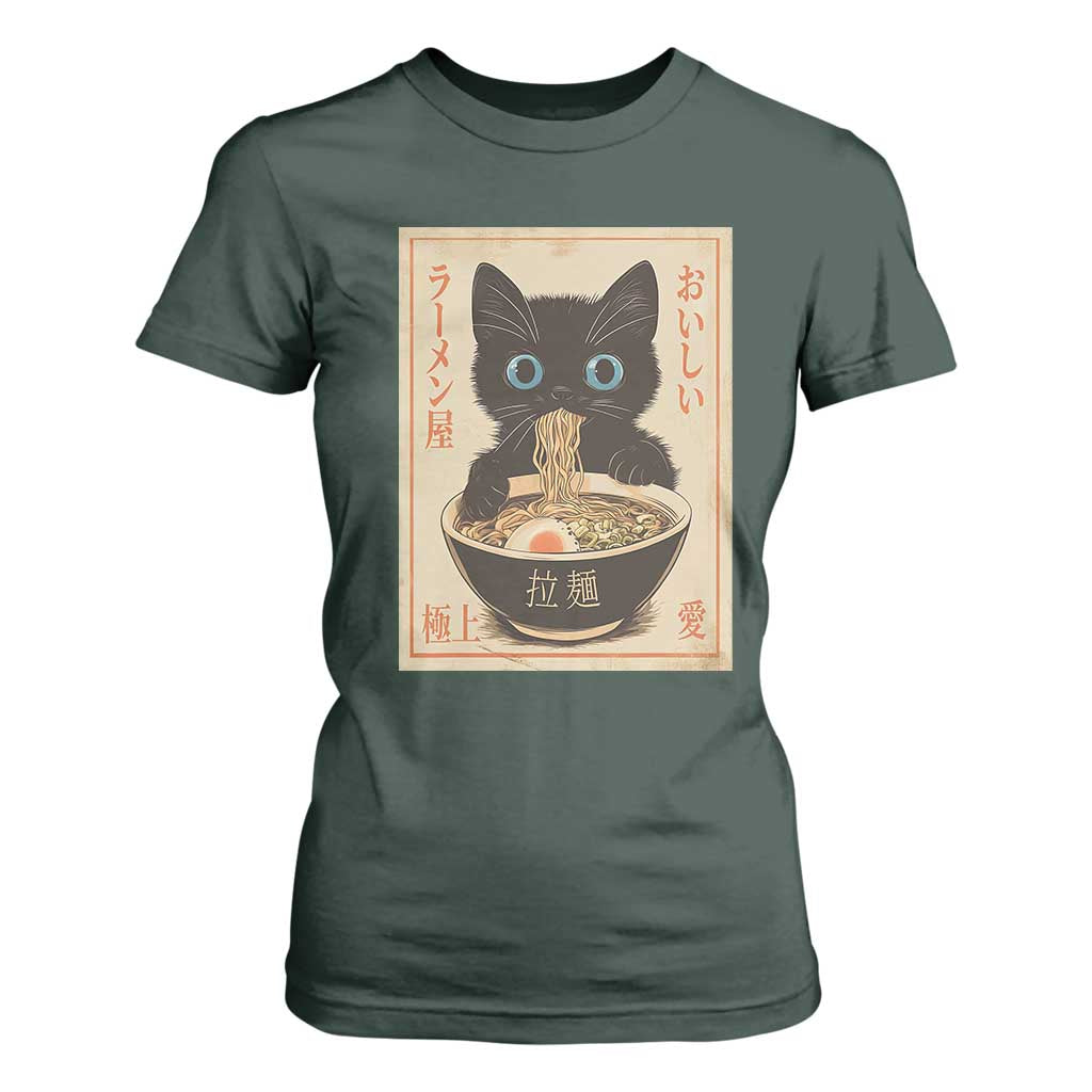 Vintage Kawaii Cat Ramen Graphic T Shirt For Women Retro Japanese Anime Inspo TS02 Dark Forest Green Print Your Wear