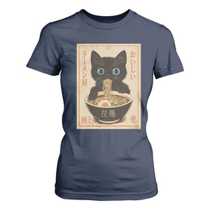Vintage Kawaii Cat Ramen Graphic T Shirt For Women Retro Japanese Anime Inspo TS02 Navy Print Your Wear