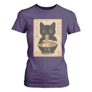 Vintage Kawaii Cat Ramen Graphic T Shirt For Women Retro Japanese Anime Inspo TS02 Purple Print Your Wear