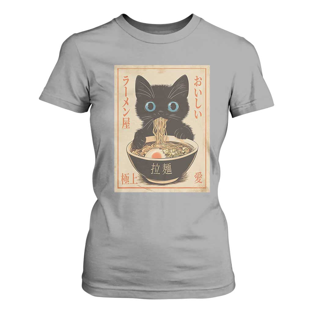 Vintage Kawaii Cat Ramen Graphic T Shirt For Women Retro Japanese Anime Inspo TS02 Sport Gray Print Your Wear