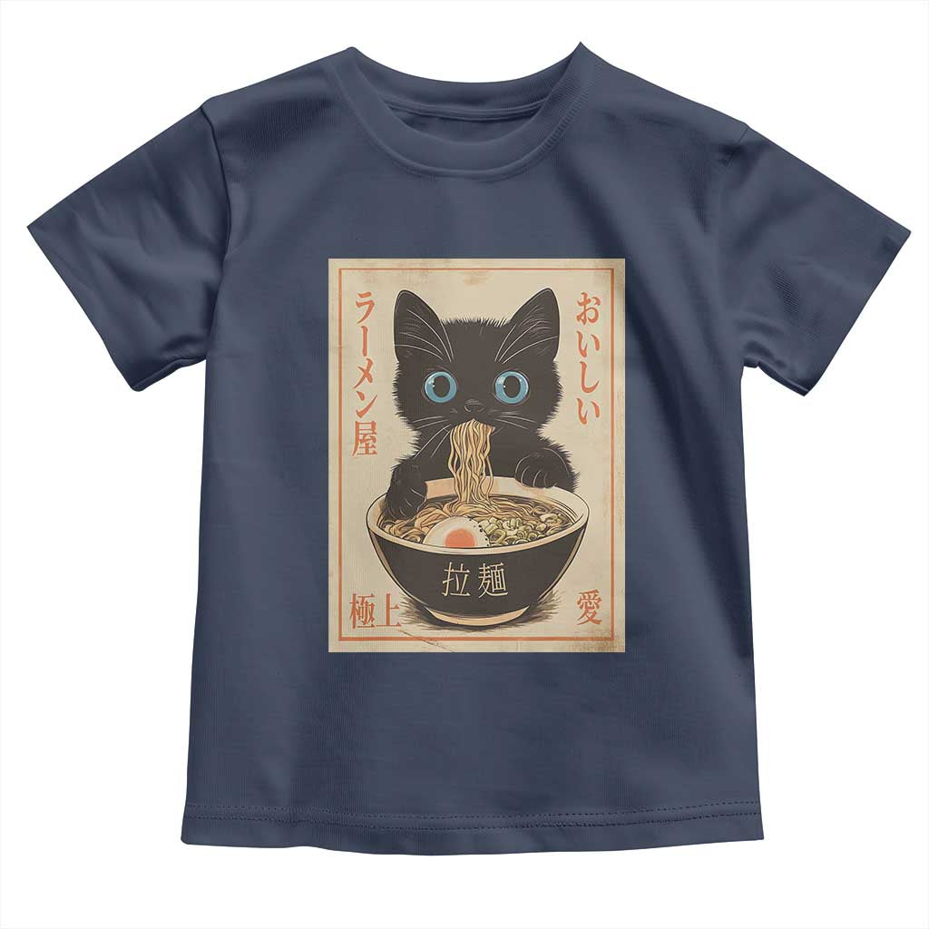 Vintage Kawaii Cat Ramen Graphic Toddler T Shirt Retro Japanese Anime Inspo TS02 Navy Print Your Wear