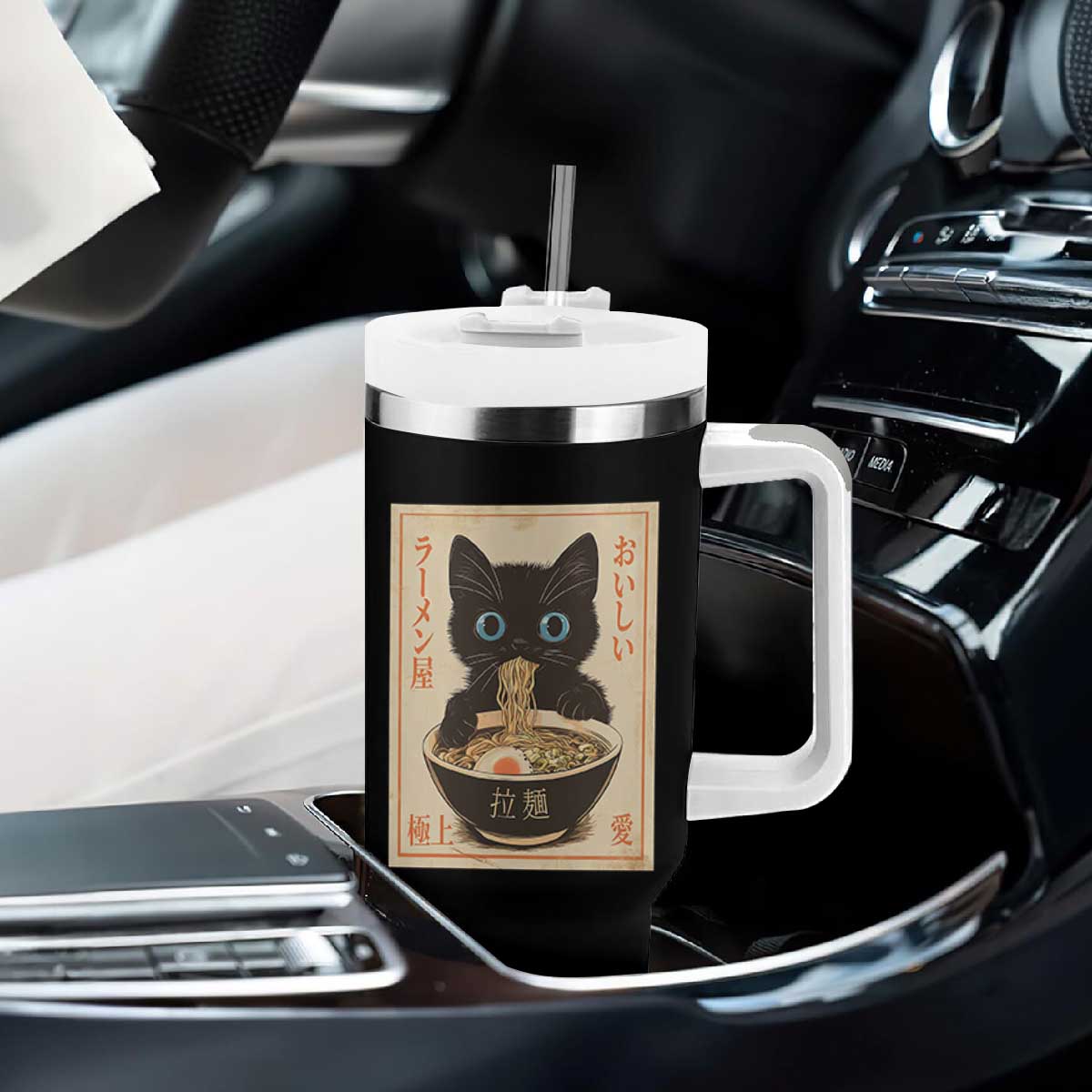Vintage Kawaii Cat Ramen Graphic Tumbler With Handle Retro Japanese Anime Inspo TS02 Print Your Wear