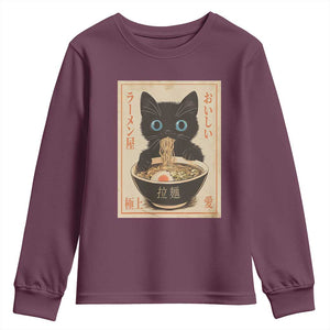 Vintage Kawaii Cat Ramen Graphic Youth Sweatshirt Retro Japanese Anime Inspo TS02 Maroon Print Your Wear