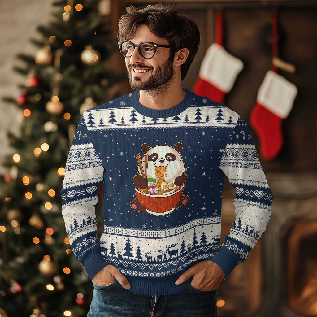 Kawaii Panda Eating Ramen Graphic Ugly Christmas Sweater Otaku Japanese Noodle Cute Anime Lover TS02 Navy Beige Print Your Wear