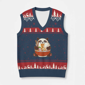 Kawaii Panda Eating Ramen Graphic V-Neck Knit Sweater Vest Otaku Japanese Noodle Cute Anime Lover TS02 Navy Red Print Your Wear