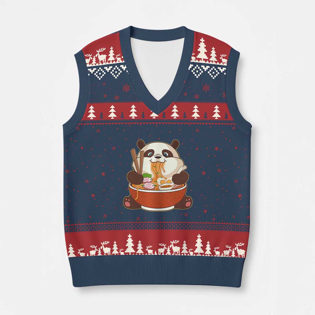 Kawaii Panda Eating Ramen Graphic V-Neck Knit Sweater Vest Otaku Japanese Noodle Cute Anime Lover TS02 Navy Red Print Your Wear