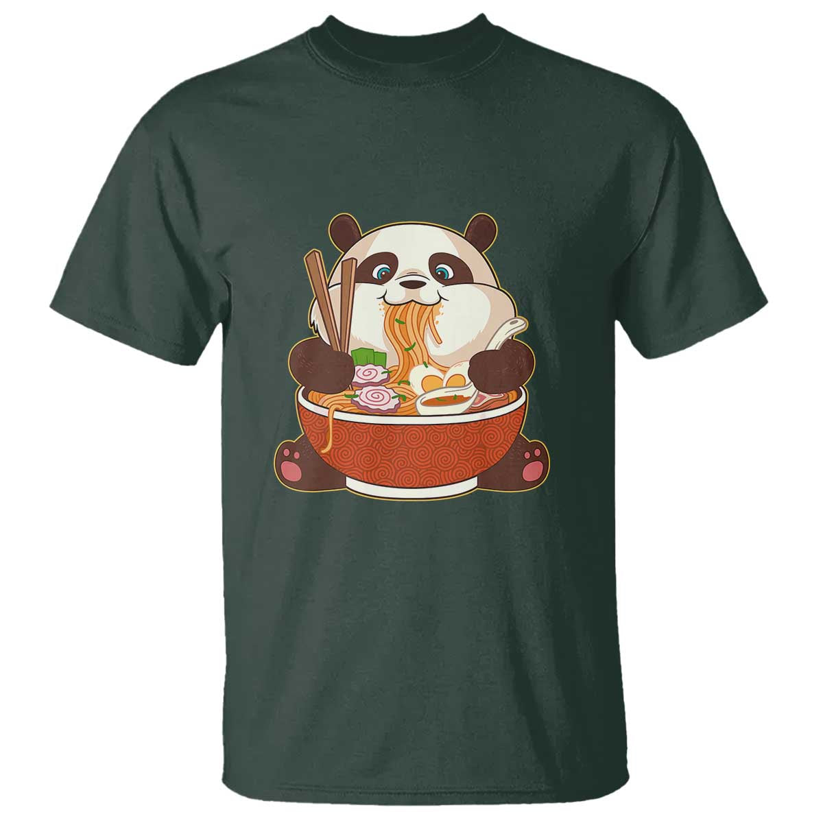Kawaii Panda Eating Ramen Graphic T Shirt Otaku Japanese Noodle Cute Anime Lover TS02 Dark Forest Green Print Your Wear