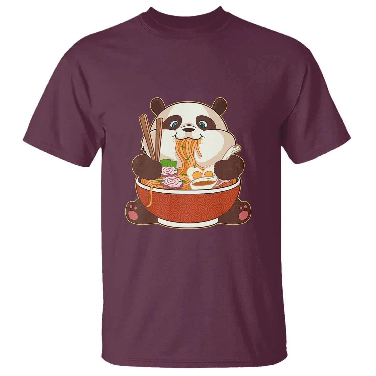 Kawaii Panda Eating Ramen Graphic T Shirt Otaku Japanese Noodle Cute Anime Lover TS02 Maroon Print Your Wear