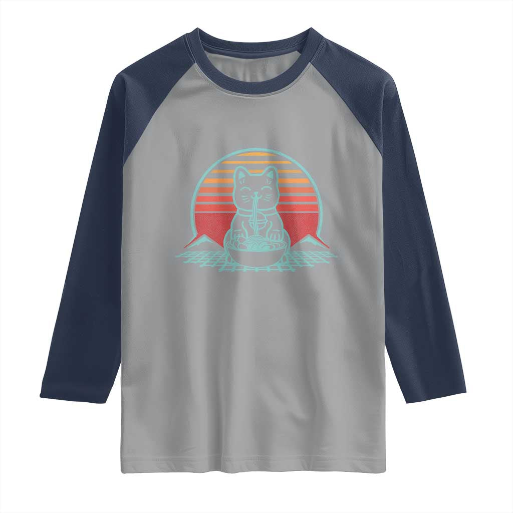 Retro Kawaii Cat Ramen Raglan Shirt Anime Otaku Japanese Noodles Lover Aesthetic TS02 Sport Gray Navy Print Your Wear