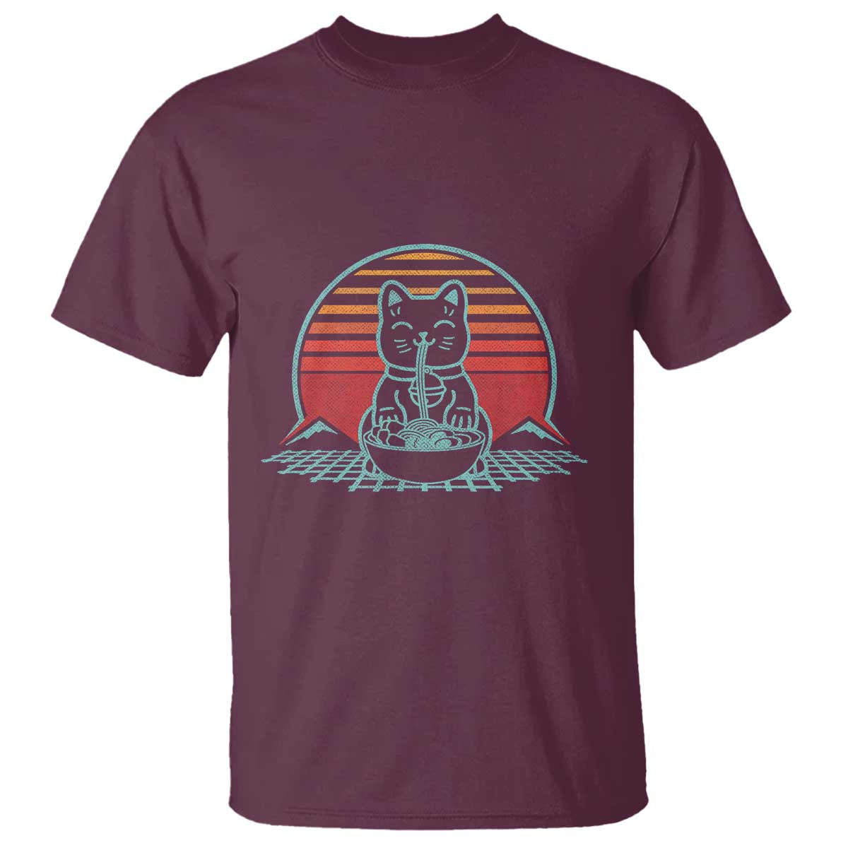 Retro Kawaii Cat Ramen T Shirt Anime Otaku Japanese Noodles Lover Aesthetic TS02 Maroon Print Your Wear