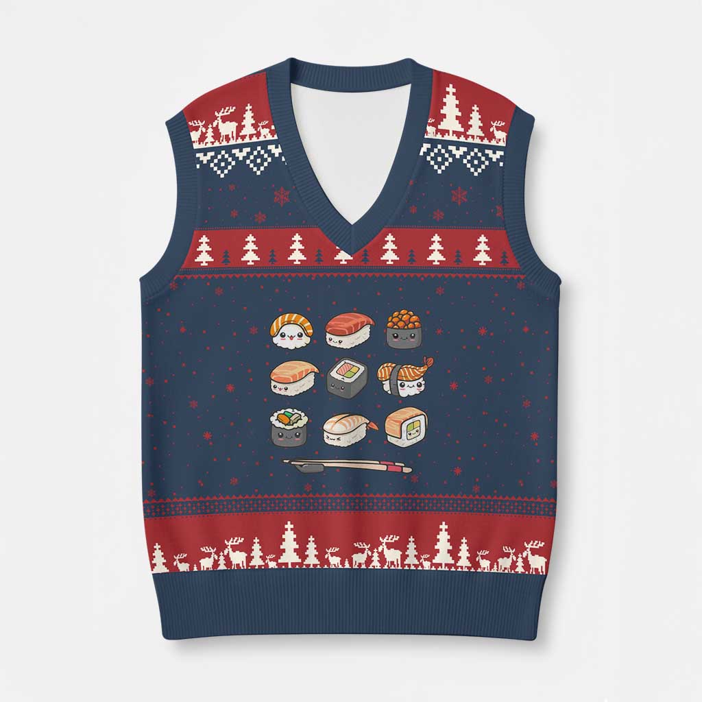 Kawaii Sushi Set V-Neck Knit Sweater Vest Japanese Food Lover Anime Otaku Manga TS02 Navy Red Print Your Wear