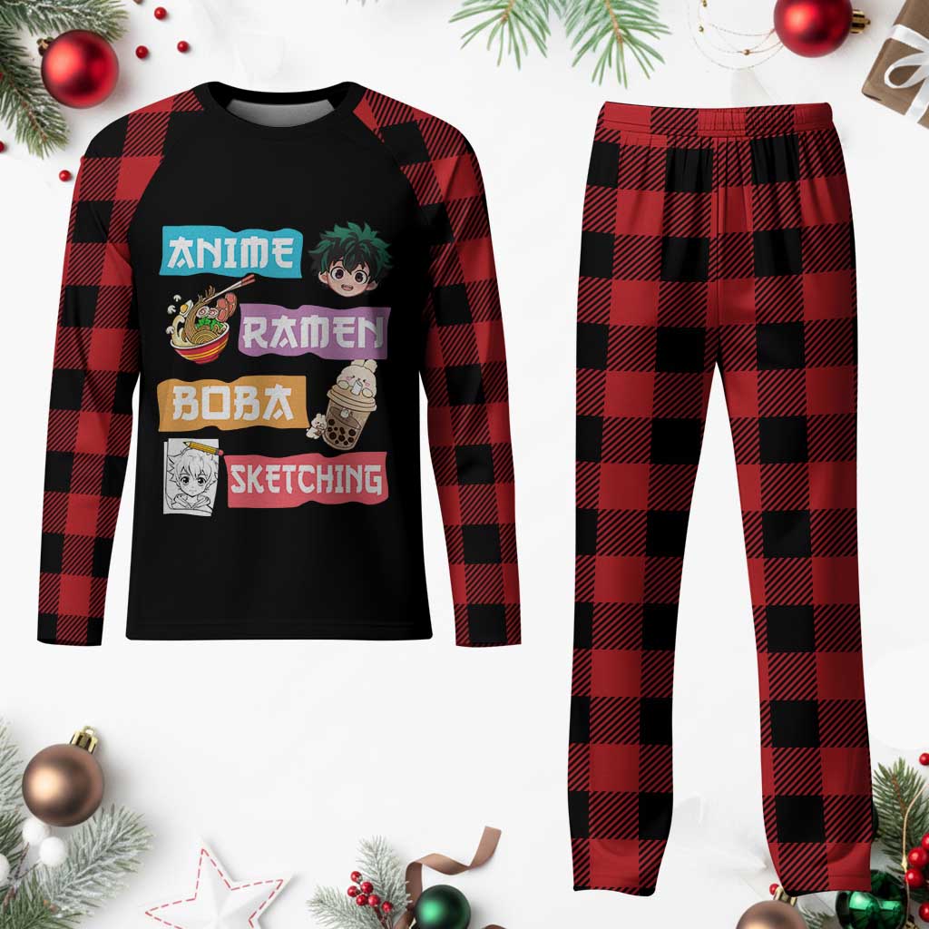 Anime Ramen Boba Sketching Plaid Pajama Set Kawaii Otaku Anime Manga Japanese Pop Culture Cute Graphic TS02 Buffalo Plaid Print Your Wear