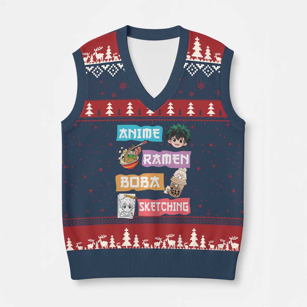 Anime Ramen Boba Sketching V-Neck Knit Sweater Vest Kawaii Otaku Anime Manga Japanese Pop Culture Cute Graphic TS02 Navy Red Print Your Wear