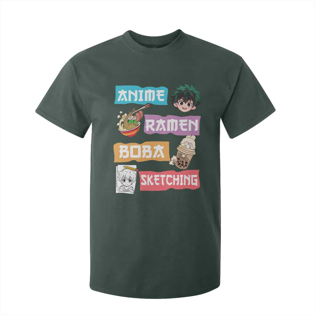 Anime Ramen Boba Sketching T Shirt For Kid Kawaii Otaku Anime Manga Japanese Pop Culture Cute Graphic TS02 Dark Forest Green Print Your Wear