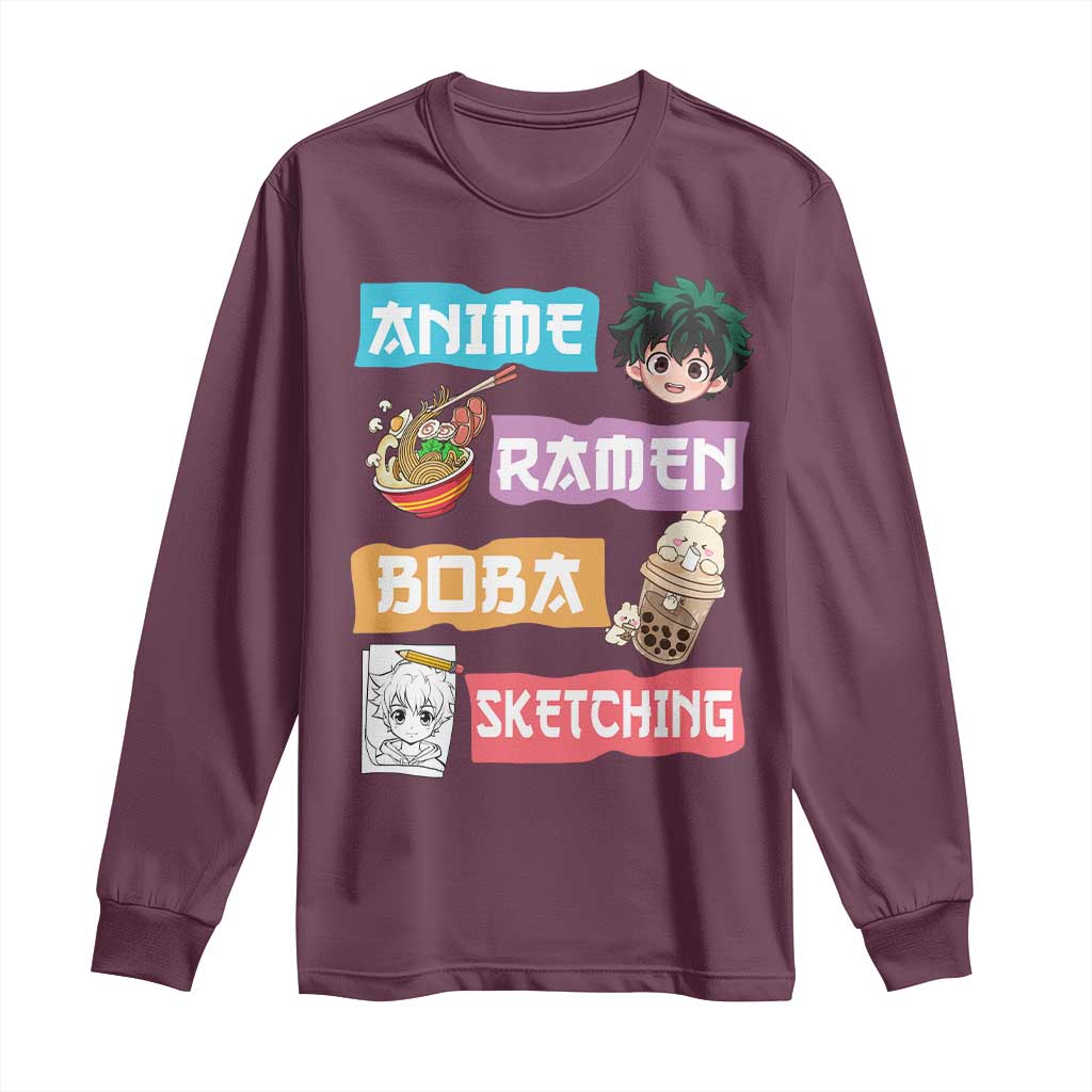 Anime Ramen Boba Sketching Long Sleeve Shirt Kawaii Otaku Anime Manga Japanese Pop Culture Cute Graphic TS02 Maroon Print Your Wear