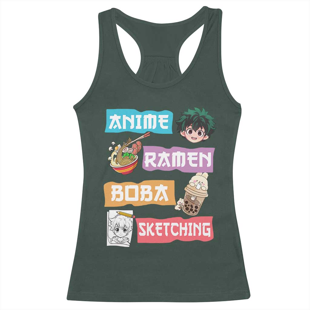 Anime Ramen Boba Sketching Racerback Tank Top Kawaii Otaku Anime Manga Japanese Pop Culture Cute Graphic TS02 Dark Forest Green Print Your Wear