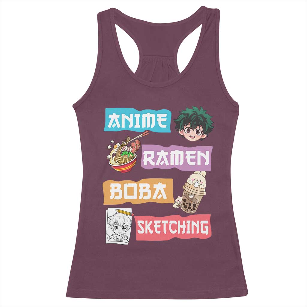 Anime Ramen Boba Sketching Racerback Tank Top Kawaii Otaku Anime Manga Japanese Pop Culture Cute Graphic TS02 Maroon Print Your Wear