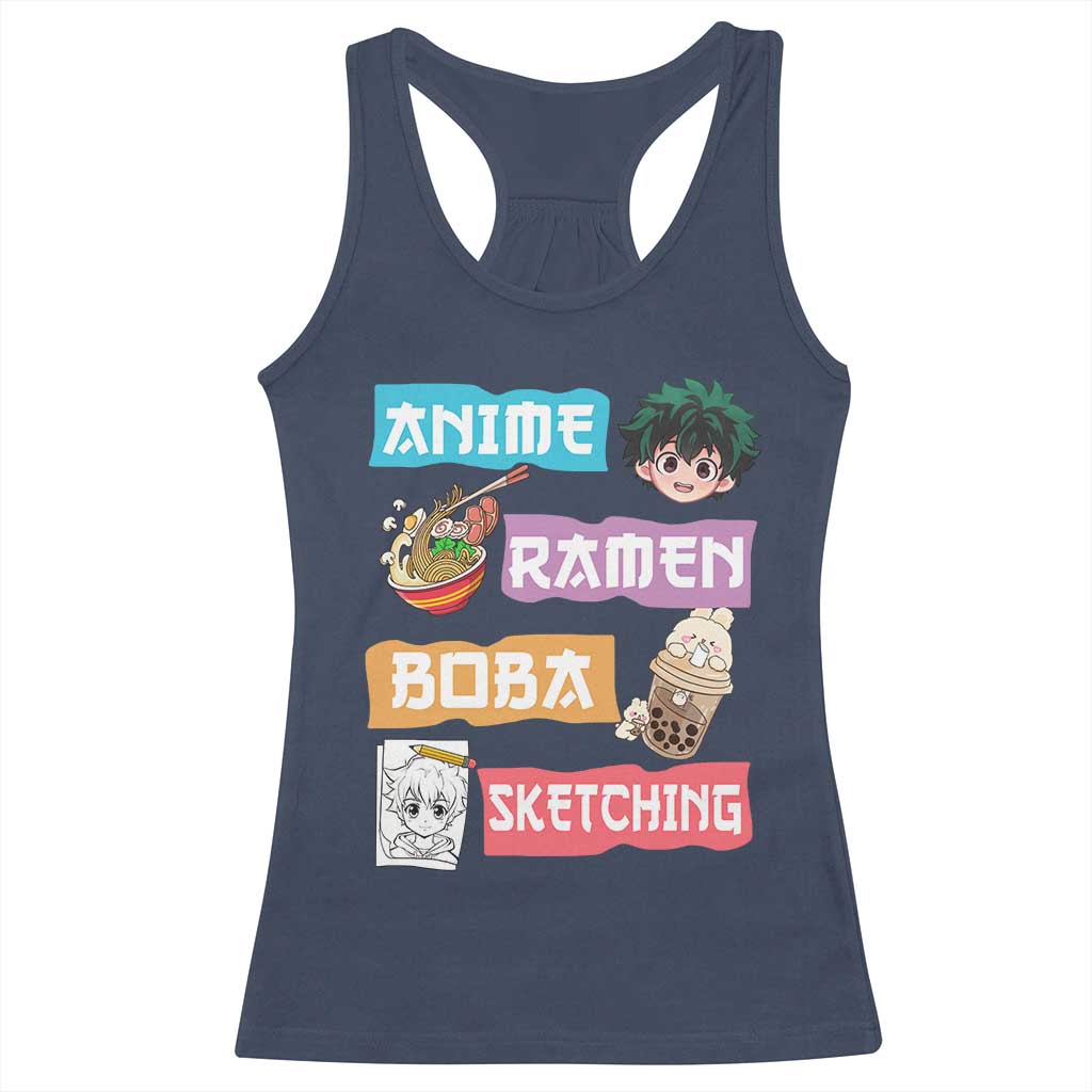 Anime Ramen Boba Sketching Racerback Tank Top Kawaii Otaku Anime Manga Japanese Pop Culture Cute Graphic TS02 Navy Print Your Wear