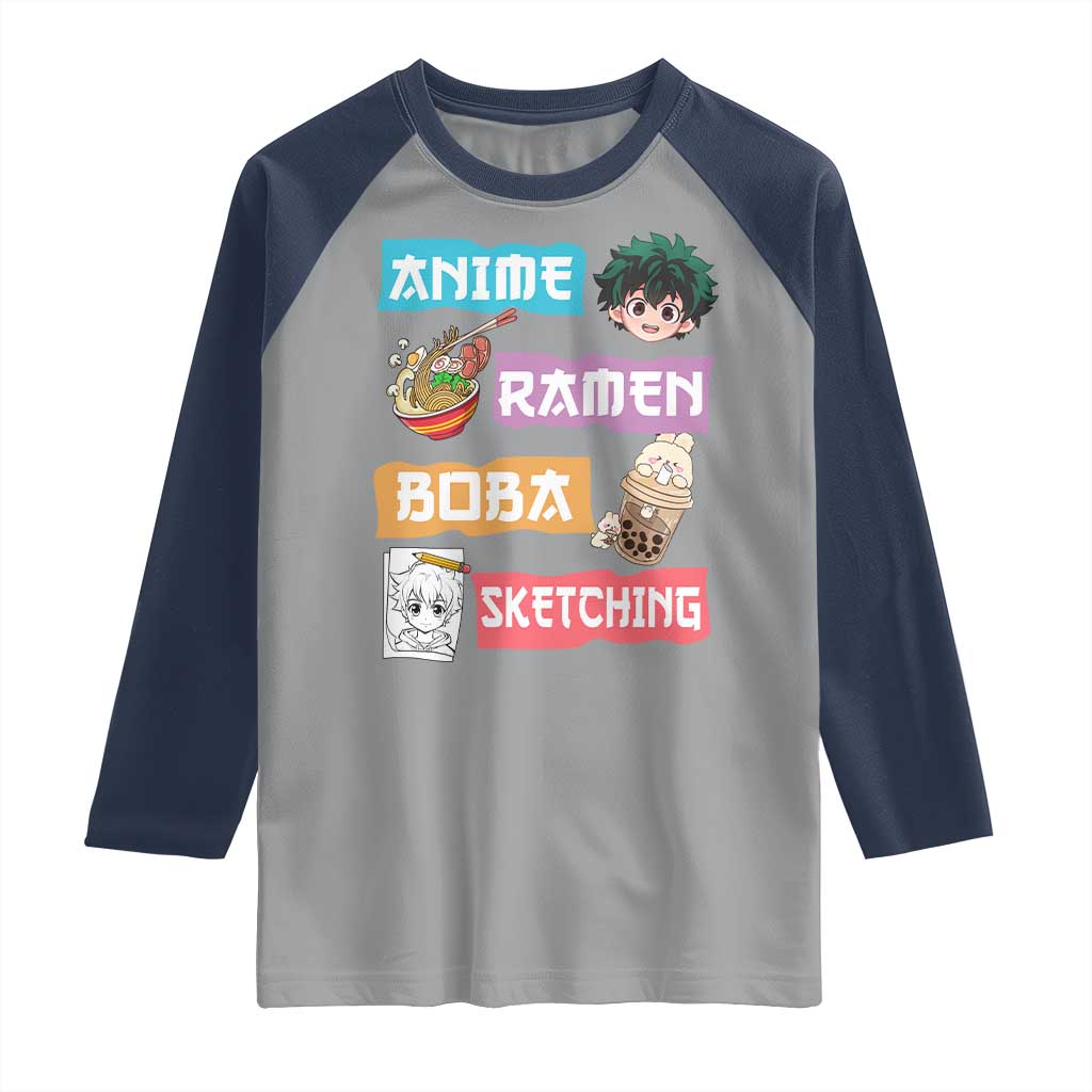 Anime Ramen Boba Sketching Raglan Shirt Kawaii Otaku Anime Manga Japanese Pop Culture Cute Graphic TS02 Sport Gray Navy Print Your Wear