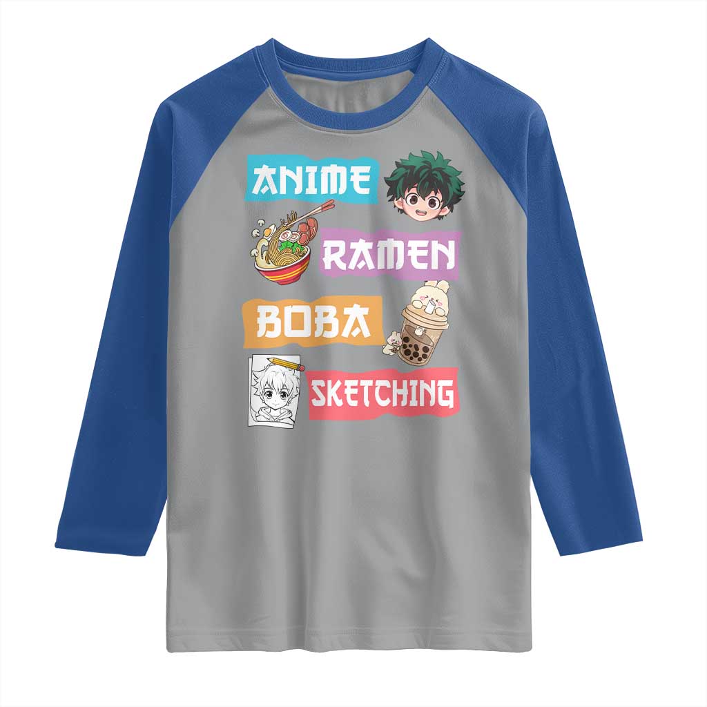 Anime Ramen Boba Sketching Raglan Shirt Kawaii Otaku Anime Manga Japanese Pop Culture Cute Graphic TS02 Sport Gray Royal Print Your Wear