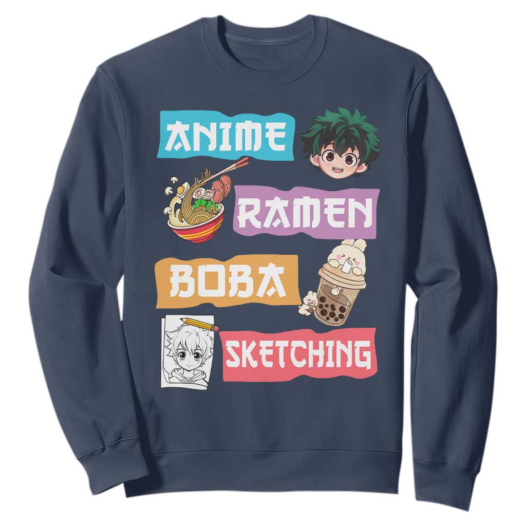 Anime Ramen Boba Sketching Sweatshirt Kawaii Otaku Anime Manga Japanese Pop Culture Cute Graphic TS02 Navy Print Your Wear