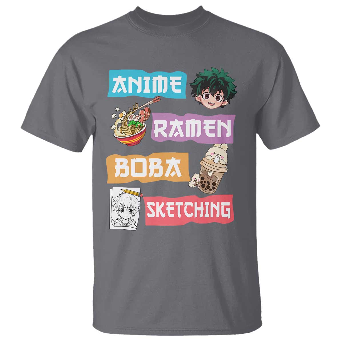 Anime Ramen Boba Sketching T Shirt Kawaii Otaku Anime Manga Japanese Pop Culture Cute Graphic TS02 Charcoal Print Your Wear
