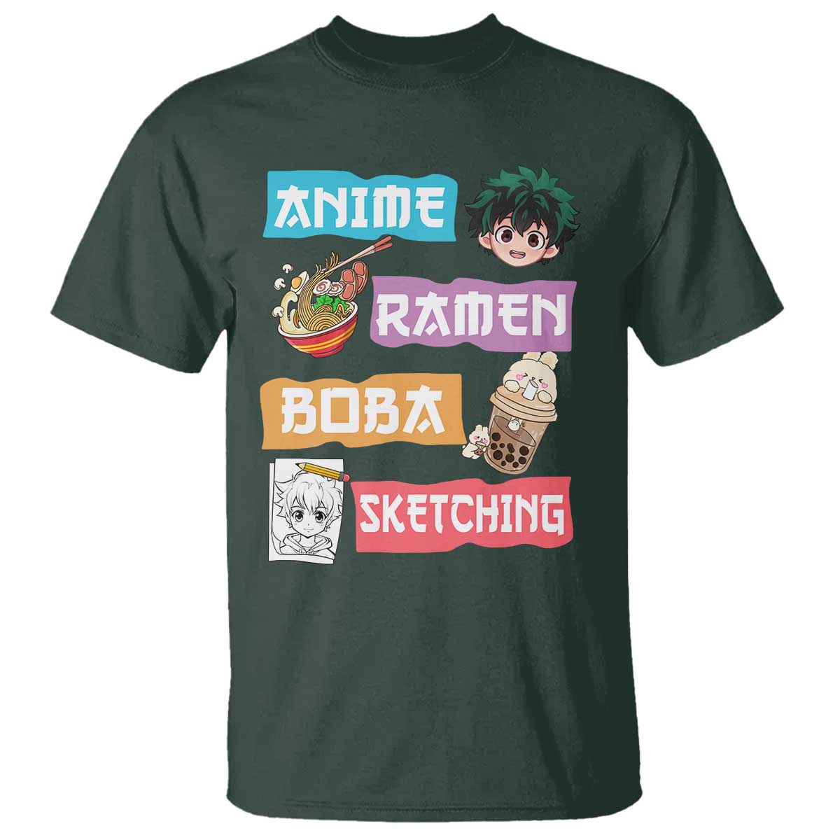 Anime Ramen Boba Sketching T Shirt Kawaii Otaku Anime Manga Japanese Pop Culture Cute Graphic TS02 Dark Forest Green Print Your Wear