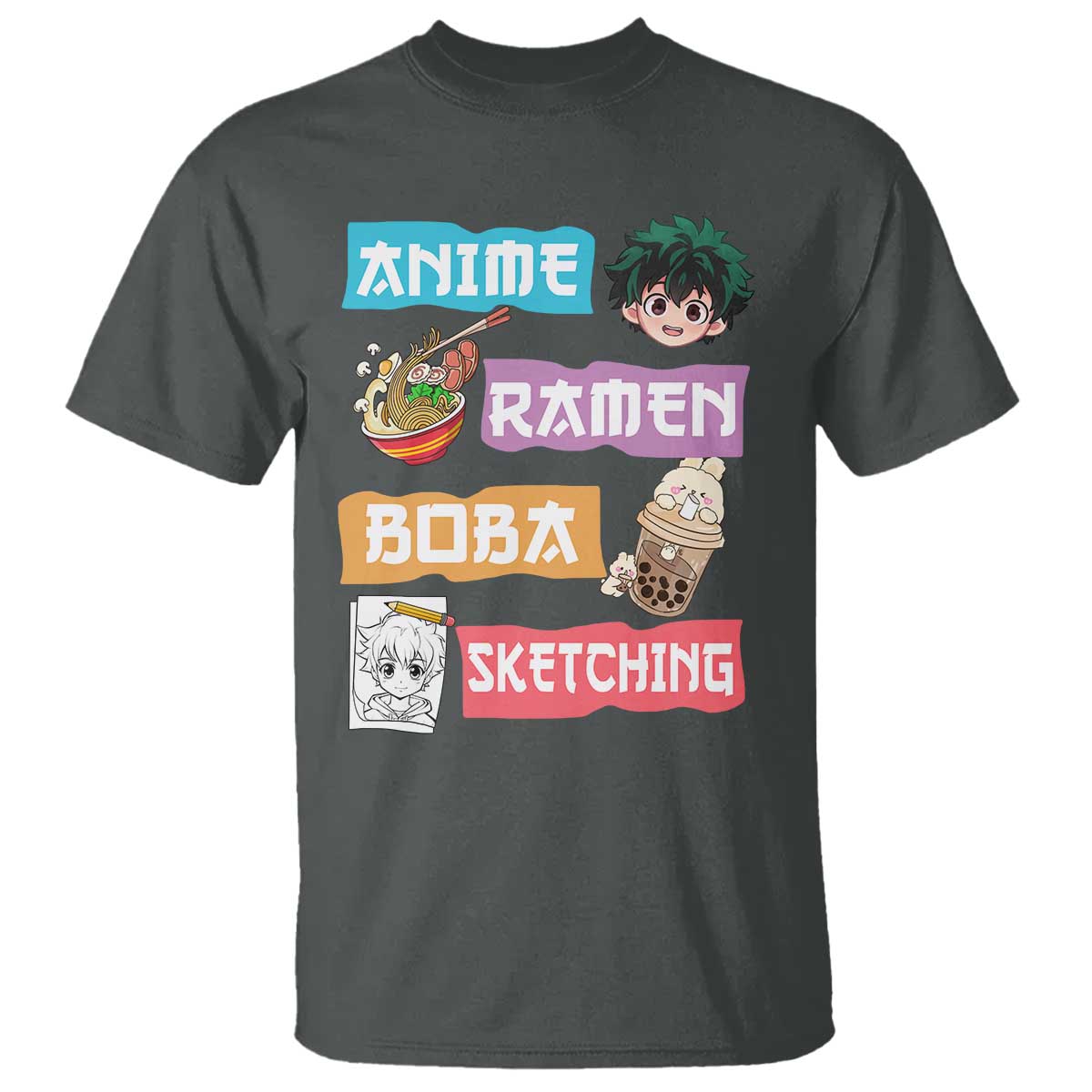 Anime Ramen Boba Sketching T Shirt Kawaii Otaku Anime Manga Japanese Pop Culture Cute Graphic TS02 Dark Heather Print Your Wear