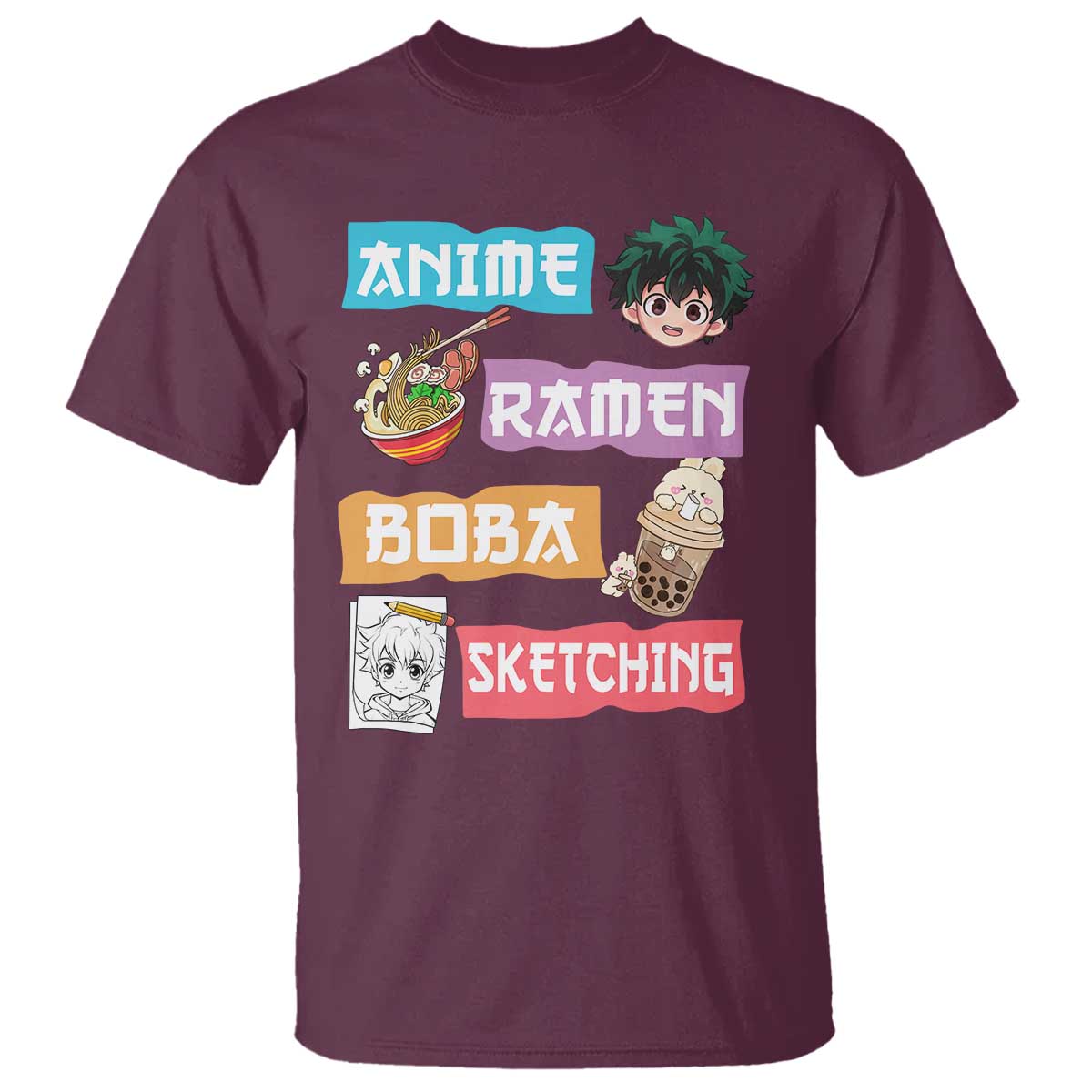 Anime Ramen Boba Sketching T Shirt Kawaii Otaku Anime Manga Japanese Pop Culture Cute Graphic TS02 Maroon Print Your Wear