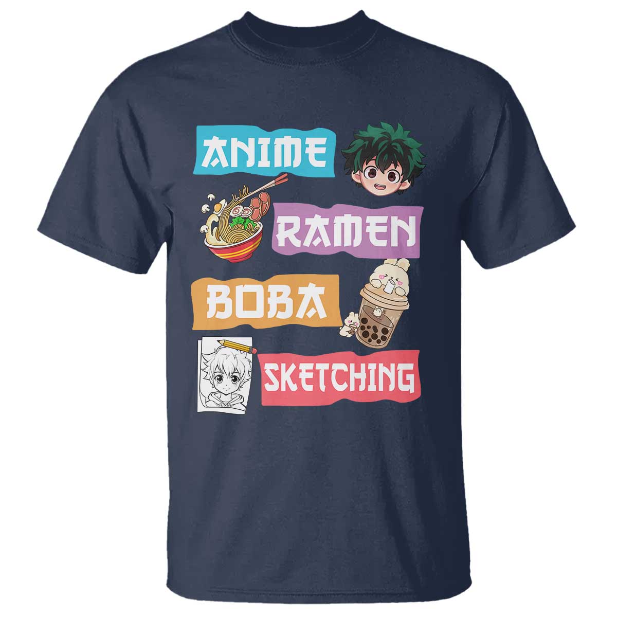 Anime Ramen Boba Sketching T Shirt Kawaii Otaku Anime Manga Japanese Pop Culture Cute Graphic TS02 Navy Print Your Wear