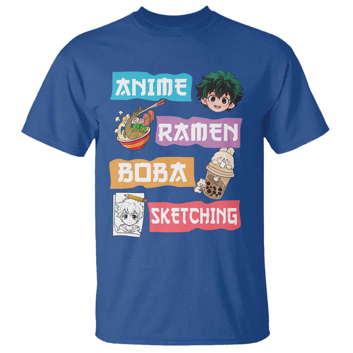 Anime Ramen Boba Sketching T Shirt Kawaii Otaku Anime Manga Japanese Pop Culture Cute Graphic TS02 Royal Blue Print Your Wear