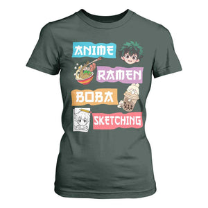 Anime Ramen Boba Sketching T Shirt For Women Kawaii Otaku Anime Manga Japanese Pop Culture Cute Graphic TS02 Dark Forest Green Print Your Wear