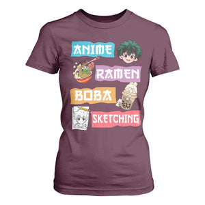 Anime Ramen Boba Sketching T Shirt For Women Kawaii Otaku Anime Manga Japanese Pop Culture Cute Graphic TS02 Maroon Print Your Wear