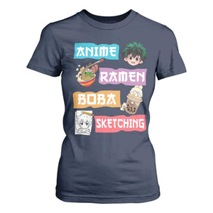 Anime Ramen Boba Sketching T Shirt For Women Kawaii Otaku Anime Manga Japanese Pop Culture Cute Graphic TS02 Navy Print Your Wear
