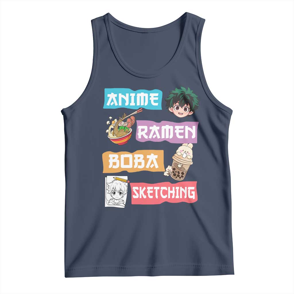 Anime Ramen Boba Sketching Tank Top Kawaii Otaku Anime Manga Japanese Pop Culture Cute Graphic TS02 Navy Print Your Wear