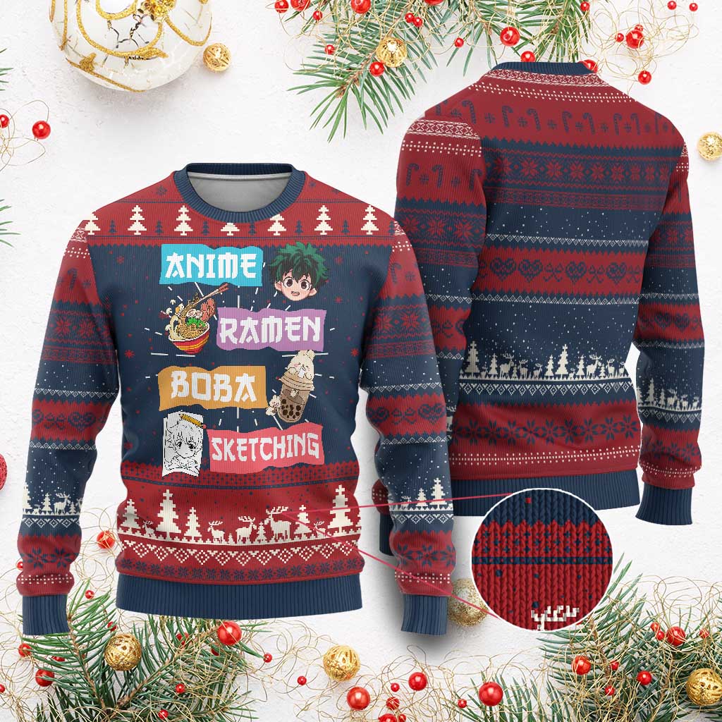 Anime Ramen Boba Sketching Ugly Christmas Sweater Kawaii Otaku Anime Manga Japanese Pop Culture Cute Graphic TS02 Burgundy Print Your Wear