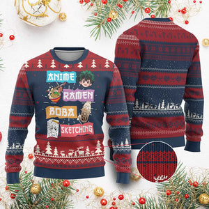 Anime Ramen Boba Sketching Ugly Christmas Sweater Kawaii Otaku Anime Manga Japanese Pop Culture Cute Graphic TS02 Burgundy Print Your Wear