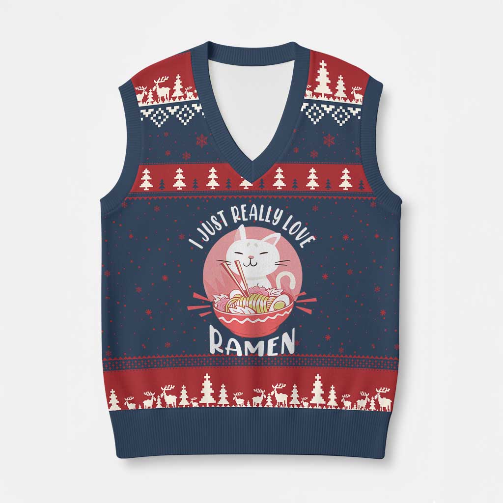 Funny Kawaii Cat Ramen Japanese V-Neck Knit Sweater Vest I Just Really Love Ramen Otaku Manga Cute Graphic TS02 Navy Red Print Your Wear