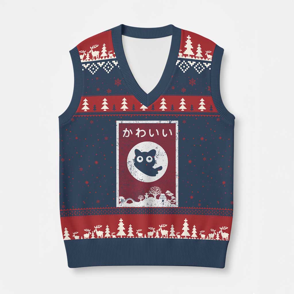 Japanese Kawaii Cat V-Neck Knit Sweater Vest Anime Otaku Manga Japan Lover TS02 Navy Red Print Your Wear