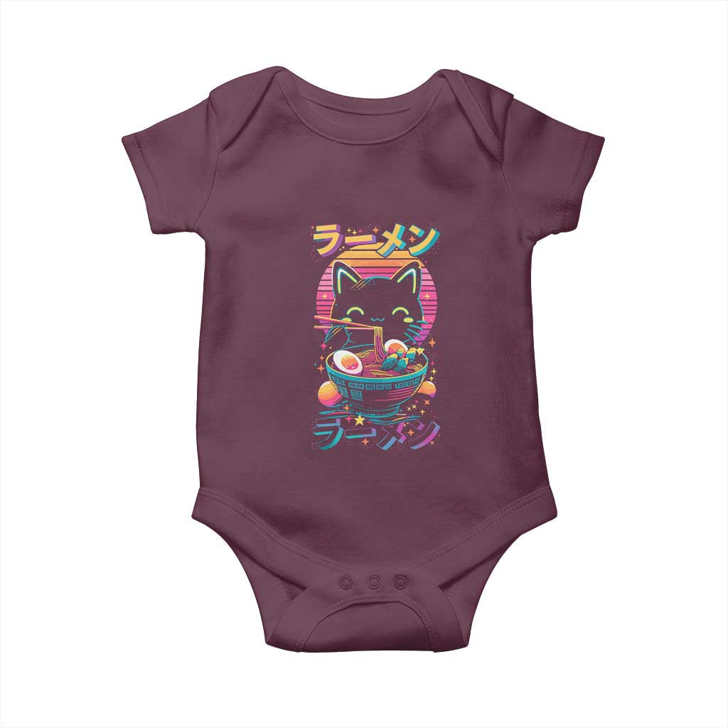 Retro Kawaii Ramen Cat Graphic Baby Onesie Cute Anime Japanese Japan Inspo TS02 Maroon Print Your Wear