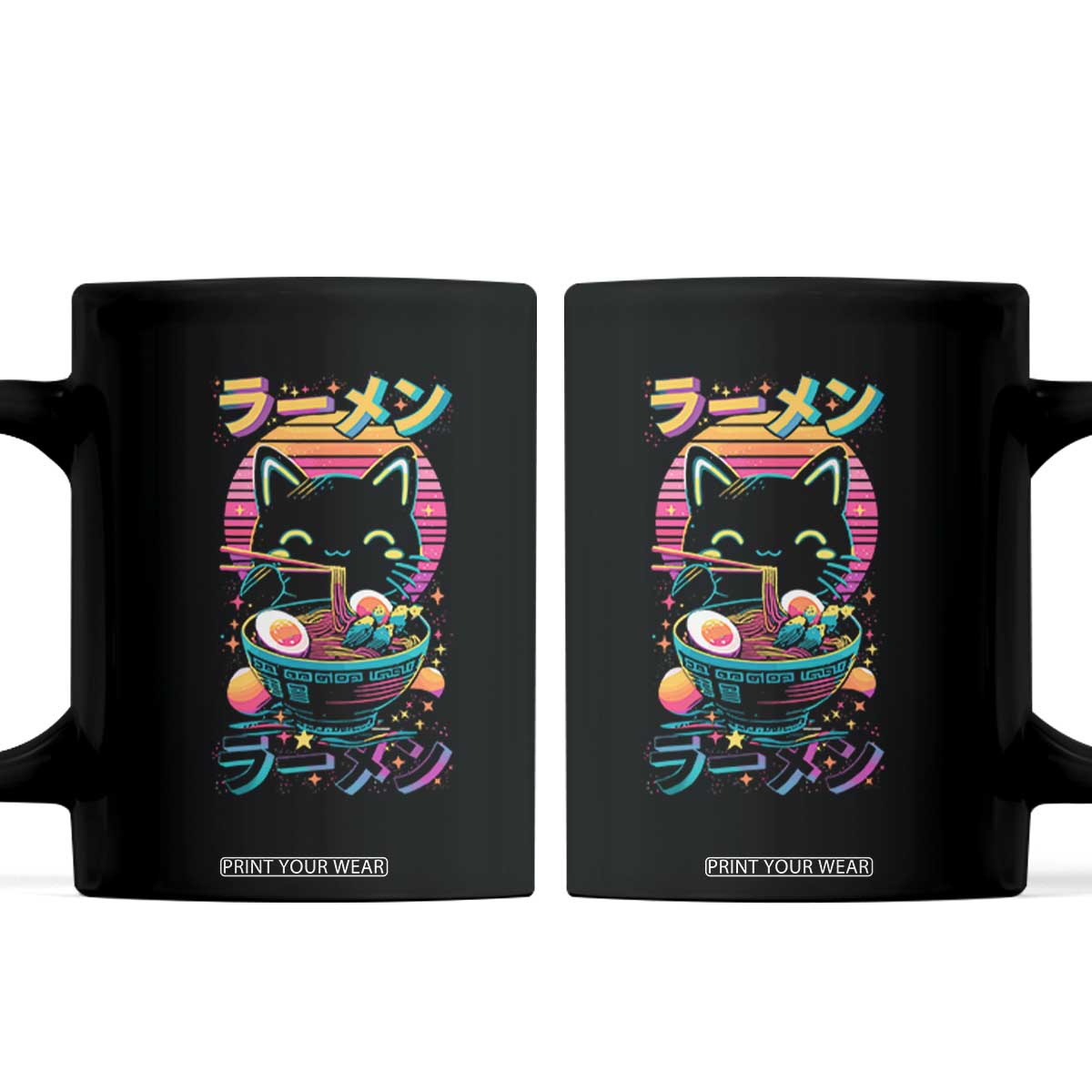 Retro Kawaii Ramen Cat Graphic Coffee Mug Cute Anime Japanese Japan Inspo TS02 Black Print Your Wear