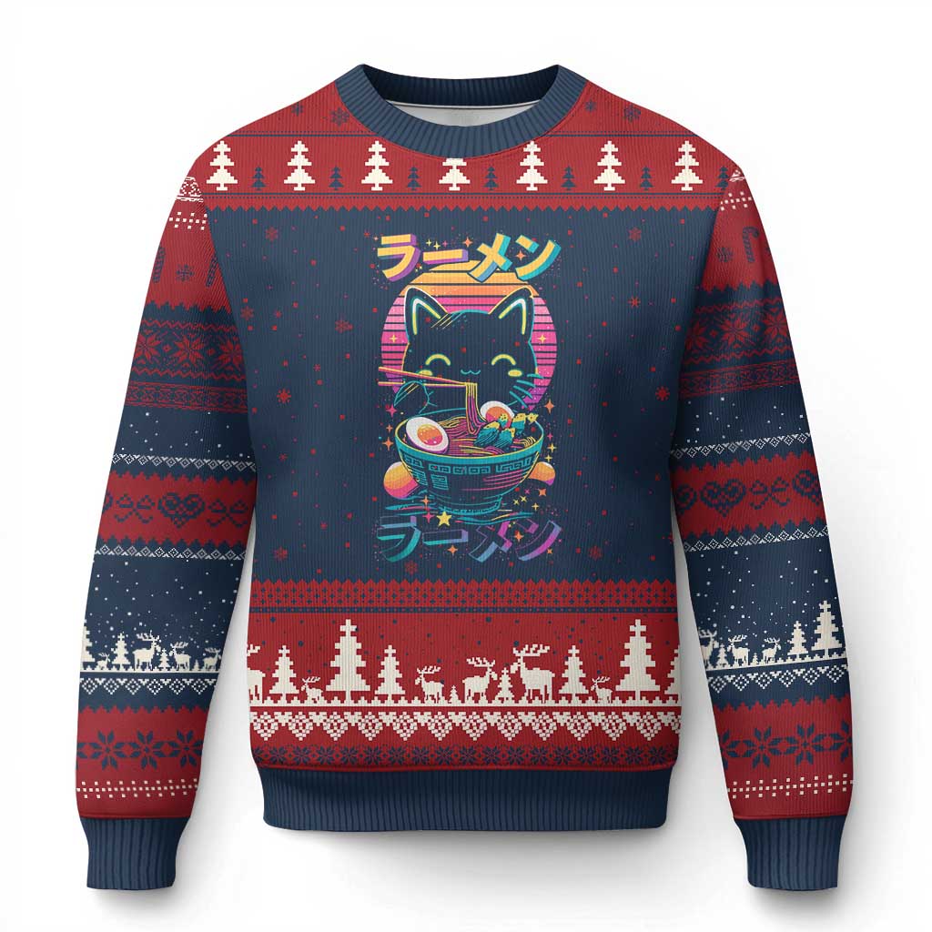 Retro Kawaii Ramen Cat Graphic Ugly Christmas Sweater Cute Anime Japanese Japan Inspo TS02 Navy Red Print Your Wear