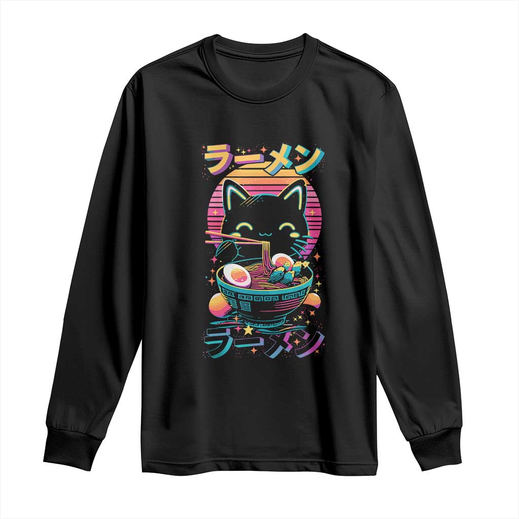 Retro Kawaii Ramen Cat Graphic Long Sleeve Shirt Cute Anime Japanese Japan Inspo TS02 Black Print Your Wear